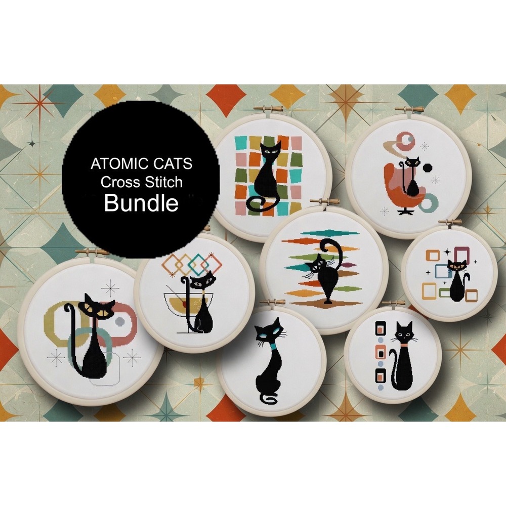 12 PATTERN BUNDLE - Mid Century Atomic Black Cat Counted Cross Stitch Patterns